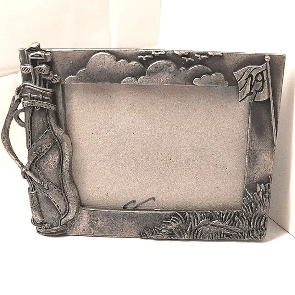 Golf Themed Pewter Picture Photo Frame Easel Back Vintage